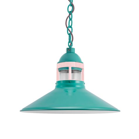 16" Wallaby LED, 390-Teal, Guard in 480-Blush Pink, RIB-Ribbed Glass, CSBP-Black & Pink Cloth Cord