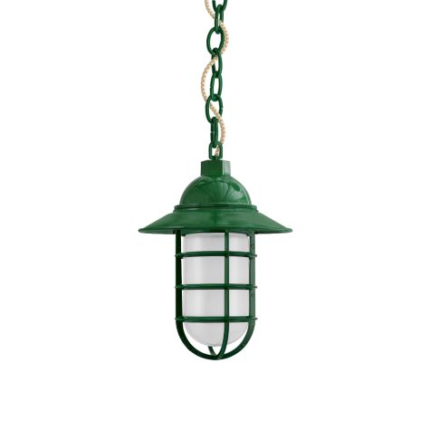 Industrial Guard Chain Hung Pendant, 307-Emerald Green, Flared Shade, CGG-Standard Cast Guard, FST-Frosted Glass, CSGW-Gold & White Cloth Cord