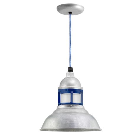 12" Outback LED, 975-Galvanized, Guard in 700-Royal Blue, FST-Frosted Glass, CSUW-Blue & White Cloth Cord