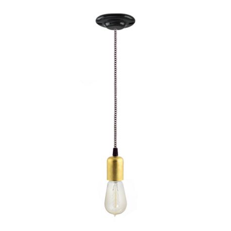 Kao Downtown Minimalist Pendant, Cup in 997-Natural Raw Brass, CSBW-Black & White Cloth Cord, Canopy in 100-Black, Nostalgic Edison-Style 1890 Era 40W Light Bulb
