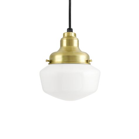 Primary LED Schoolhouse Pendant Light, 997-Natural Raw Brass, Small Opaque Glass, SBK-Standard Black Cord