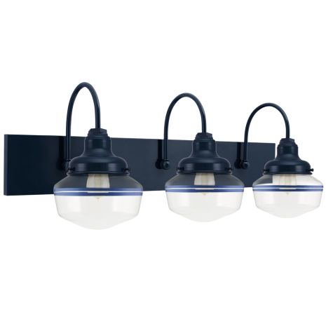 Primary 3-Light Schoolhouse Vanity Light, Clear Glass, 705-Navy Mounting and Fitter Finish, Double Painted Band in 700-Royal Blue