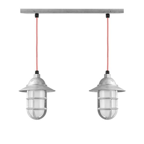 Insider 2-Light Chandelier, 975-Galvanized, Flared Shade, TGG-Heavy Duty Cast Guard, FST-Frosted Glass, CSRW-Red & White Cloth Cord