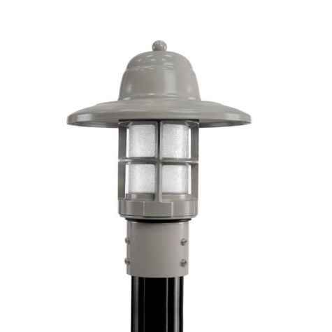 Atomic Industrial Guard Post Mount, 800-Industrial Grey, CCR-Clear Crackle Glass, Fluted Direct Burial Pole, 100-Black