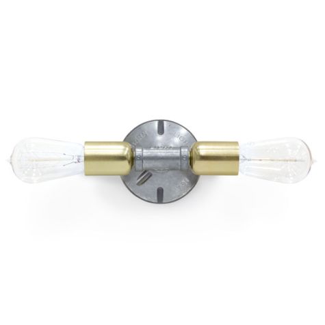 Downtown Minimalist Double Sconce, Mounting in 975-Galvanized, Cups in 997-Natural Raw Brass, Nostalgic Edison-Style 1890 Era 40W Bulb