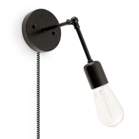 Downtown Minimalist Knuckled Plug-In Sconce, 100-Black, CSBW-Black & White Cloth Cord, Nostalgic Edison-Style 1890 Era 40W Bulb, Adjusted