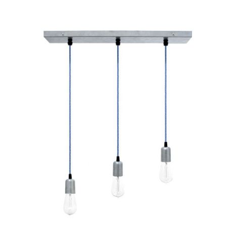 Downtown 3-Light Pendant Chandelier, 975-Galvanized, CSUW-Blue & White Cloth Cord, Edison-Style 1910 Era Bulbs