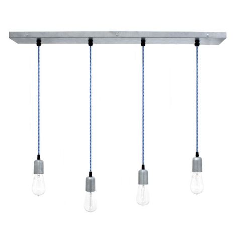 Downtown 4-Light Pendant Chandelier, 975-Galvanized, CSUW-Blue & White Cloth Cord, Edison-Style 1890 Era Bulbs
