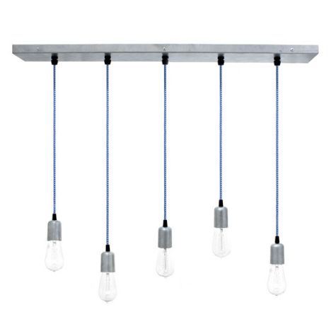 Downtown 5-Light Pendant Chandelier, 975-Galvanized, CSUW-Blue & White Cloth Cord, Edison-Style 1890 Era Bulbs