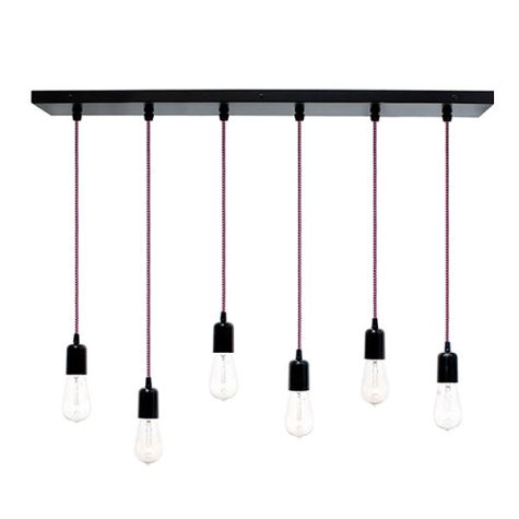 Downtown 6-Light Pendant Chandelier, 100-Black, CSBP-Black & Pink Cloth Cord, Edison-Style 1890 Era Bulbs