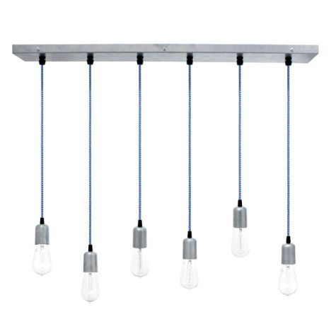 Downtown 6-Light Pendant Chandelier, 975-Galvanized, CSUW-Blue & White Cloth Cord, Edison-Style 1890 Era Bulbs
