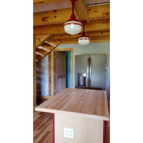 (2) Primary Schoolhouse Stem Mount Lights, 400-Barn Red, Small Opaque Glass, Double Painted Band | Photo Courtesy of Homeowner
