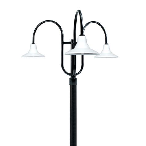 14" Aero, 250-Porcelain White, 3-Light Post Mount, 100-Black, Smooth Direct Burial Pole, 100-Black