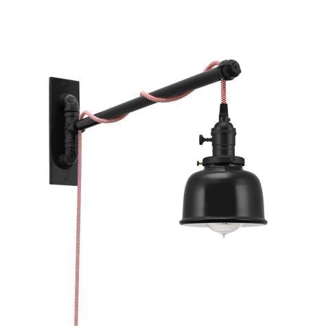 Fargo Swing Arm Sconce, 100-Black, Black Socket with Knob Switch, Arm in 100-Black, CRZ-Red Chevron Cord, Nostalgic Edison-Style 40W 1910 Era Bulb