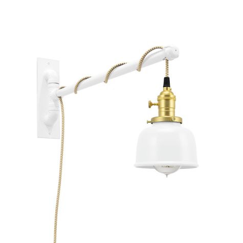 Fargo Swing Arm Sconce, 200-White, Brass Socket with Knob Switch, Arm in 200-White, CSGW-Gold & White Cloth Cord, Nostalgic Edison-Style 40W 1910 Era Bulb