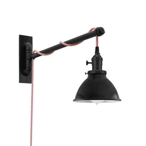 6" Gladstone Swing Arm Sconce, 100-Black, Black Socket with Knob Switch, Arm in 100-Black, CRZ-Red Chevron Cord, Nostalgic Edison-Style 40W 1910 Era Bulb