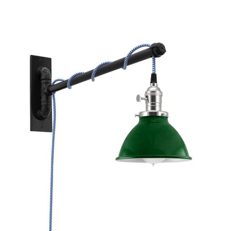 6" Gladstone Swing Arm Sconce, 307-Emerald Green, Nickel Socket with Knob Switch, Arm in 100-Black, CSUW-Blue & White Cloth Cord, Nostalgic Edison-Style 40W 1910 Era Bulb
