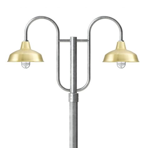 14" Avalon, 997-Natural Raw Brass, Standard Cast Guard & Clear Crackle Glass, 975-Galvanized, Double Decorative Post Mount, 975-Galvanized, Fluted Direct Burial Pole, 975-Galvanized