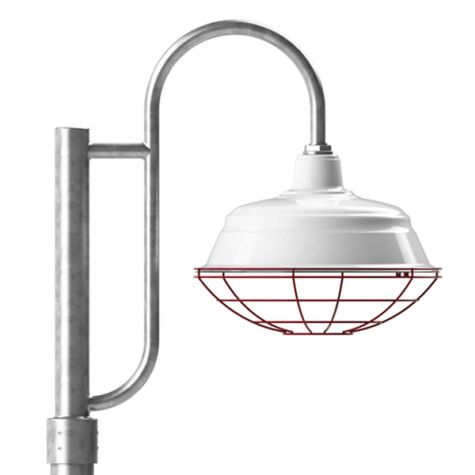 17" Bomber Post Mount Light, 200-White, Single Decorative Post Mount Option in 975-Galvanized, Wire Cage in 411-Cherry Red, Smooth Direct Burial Pole in 975-Galvanized