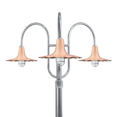 16" Seaside, 995-Natural Raw Copper, Standard Cast Guard & Clear Crackle Glass, 975-Galvanized, 3-Light Post Mount, 975-Galvanized, Smooth Direct Burial Pole, 975-Galvanized