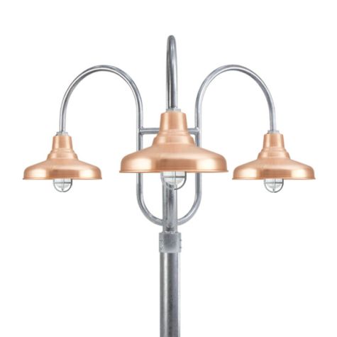 16" Union, 995-Natural Raw Copper, Standard Guard & Clear Crackle Glass, 975-Galvanized, 3-Light Post Mount, 975-Galvanized, Smooth Direct Burial Pole, 975-Galvanized