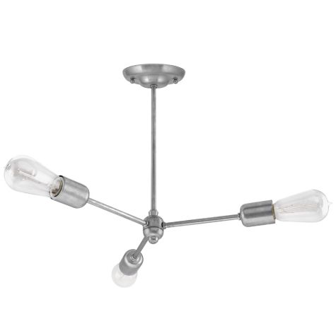 Downtown Minimalist 3-Light Chandelier, 975-Galvanized, 12" Stem, 40W 1890 Era Edison Bulbs