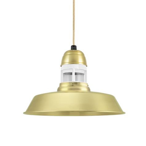 12" Sydney LED, 997-Natural Raw Brass with 100-Black Guard, No Cap, RIB-Ribbed Glass, CSGW-Gold & White Cloth Cord