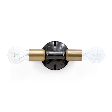 Downtown Minimalist Double Sconce, Mounting in 100-Black, Cups in 998-Natural Weathered Brass, Nostalgic Edison-Style Victorian 25W Bulb