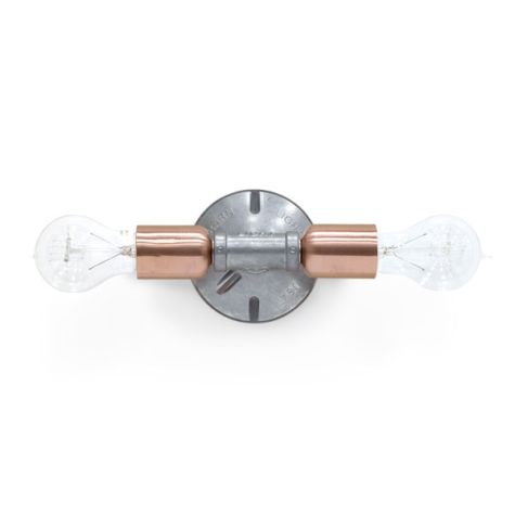 Downtown Minimalist Double Sconce, Mounting in 975-Galvanized, Cups in 995-Natural Raw Copper, Nostalgic Edison-Style Victorian 25W Bulb