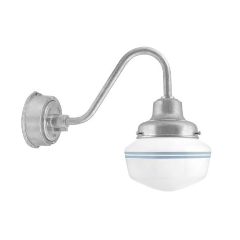 Primary Schoolhouse LED, 975-Galvanized, Small Glass, Double Painted Band, 715-Delphite, G26 Gooseneck Arm