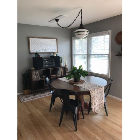 Primary Schoolhouse Chain Hung Pendant Light, 100-Black, Large Opaque Glass, Triple Painted Band, 100-Black, Standard Black Cord | Photo Courtesy of Liz Love