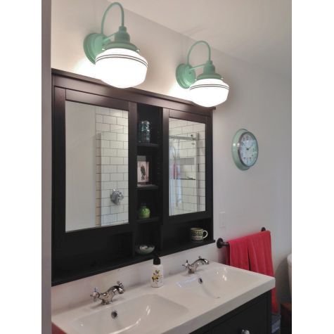 (2) Primary Schoolhouse Sconces, 311-Jadite, Small Opaque Glass, Double Painted Band | Photo Courtesy of Homeowner