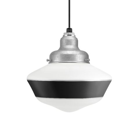 Primary LED Schoolhouse Pendant Light, 975-Galvanized, Large Opaque Glass, Single Painted Band, 100-Black, Standard Black Cord
