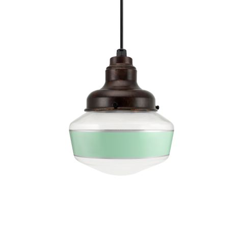 Primary LED Schoolhouse Pendant Light, 999-Natural Oil-Rubbed Copper, Small Clear Glass, Single Painted Band, 311-Jadite, Standard Black Cord