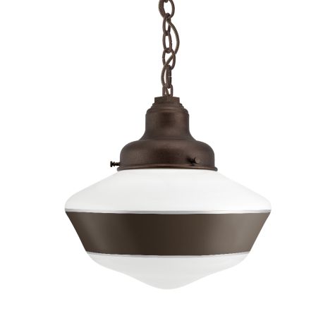 Primary Schoolhouse Chain Hung Pendant, 615-Oil-Rubbed Bronze, Large Opaque Glass, Single Painted Band, 600-Bronze, CSBB-Black & Brown Chevron Cord
