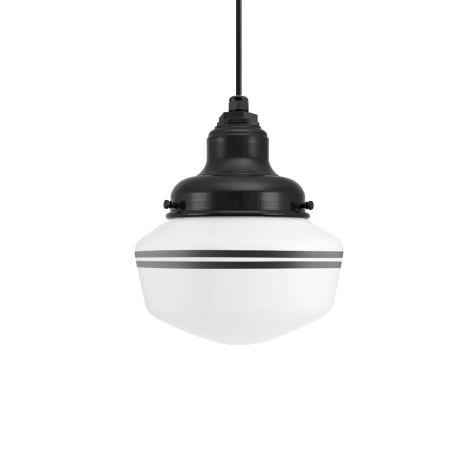 Primary Schoolhouse Pendant Light, 100-Black, Small Opaque Glass, Double Painted Band, Standard Black Cord