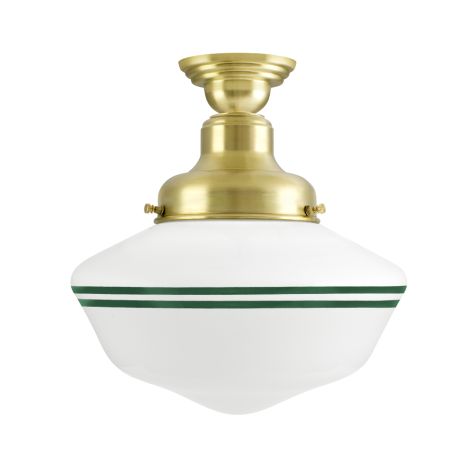 Primary Schoolhouse Semi-Flush Mount Light, 997-Natural Raw Brass, Large Opaque Glass, Double Painted Band, 307-Emerald Green