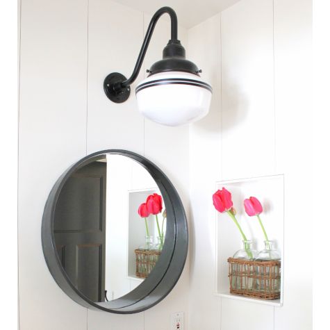 Primary Schoolhouse Gooseneck Light, 100-Black, Small Opaque Glass, Double Stripe, G11 Gooseneck Arm | Photo Courtesy of MD Haney & Company