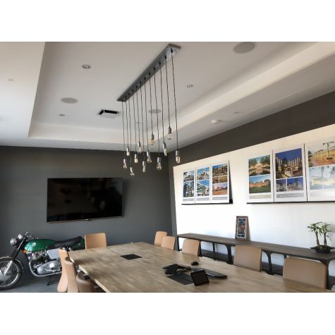 (2) Downtown 6-Light Pendant Chandeliers, 975-Galvanized, CSBG-Black & Gold Cloth Cord | Courtesy of Kolton Altomare Interiors