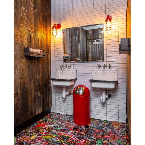 (2) Industrial Guard Sconces, 400-Barn Red, No Shade, CGG-Standard Cast Guards, CLR-Clear Glass | Photo Courtesy of Assembly Design Studio Boston