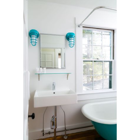 Streamline Industrial Guard Sconce, 390-Teal, No Shade, CGG-Standard Cast Guard, FST-Frosted Glass | Photo Courtesy of Rachel Reider Interiors