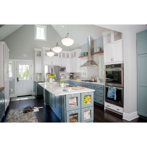 (3) Primary Schoolhouse Pendant Lights, 200-White, Large Opaque Glass, No Painted Band, CMG-Grey Cotton Cord | Photo Courtesy of Shelton Design/Build and Laura Petrilla Photography