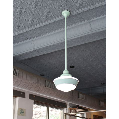 Primary Schoolhouse Stem Mount Light, 311-Jadite, Large Opaque Glass, Single Painted Band | Photo Courtesy of King Daddy's Restaurant in Asheville, North Carolina