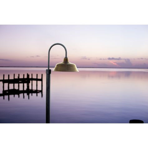 17" Bomber Post Mount Light, 997-Natural Raw Brass, Single Post Mount Option in 975-Galvanized, Smooth Direct Burial Pole in 975-Galvanized