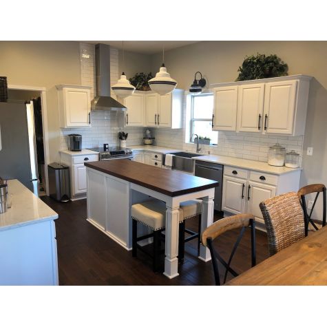 (2) Primary Schoolhouse Pendant Lights, 200-White, Large Opaque Glass, Double Painted Band, 100-Black, CSBW-Black & White Cloth Cords | Photo Courtesy of Homeowner (Also Shown: Mascot Schoolhouse Sconce above kitchen sink)