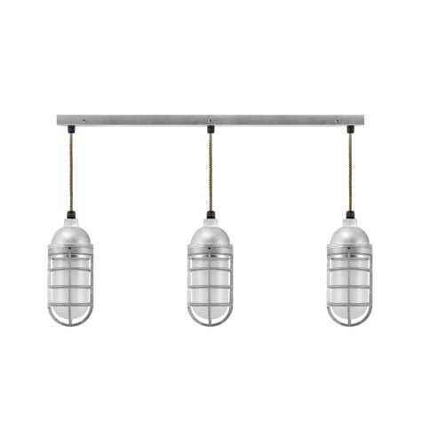 Enterprise LED 3-Light Chandelier, 975-Galvanized, Topless Shade, CGG-Standard Cast Guard, FST-Frosted Glass, CSBG-Black & Gold Cloth Cord