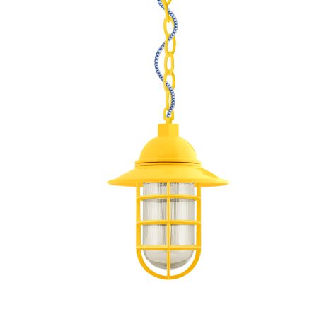 Industrial Guard LED Chain Hung Pendant, 500-Buttery Yellow, Flared Shade, CGG-Standard Cast Guard, RIB-Ribbed Glass, CSUW-Blue & White Cloth Cord