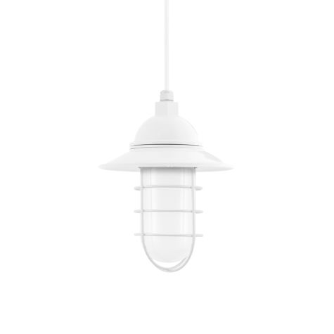 Industrial Guard LED Pendant Light, 200-White, Flared Shade, WGG-Wire Guard, FST-Frosted Glass, CSW-White Cloth Cord
