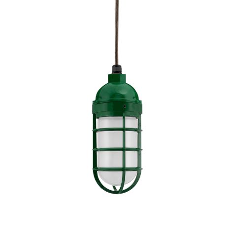 Industrial Guard Pendant Light, 307-Emerald Green, Topless Shade, CGG-Standard Cast Guard, FST-Frosted Glass, CSBB-Black & Brown Cloth Cord