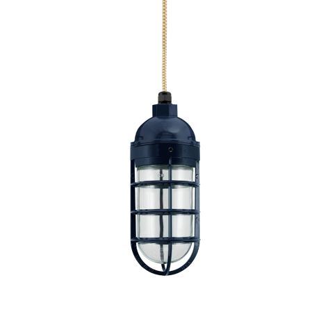 Industrial Guard LED Pendant Light, 705-Navy, Topless Shade, CGG-Standard Cast Guard, CLR-Clear Glass, CSGW-Gold & White Cloth Cord
